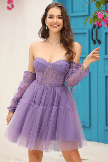 Púrpura Mangas Largas A-Línea Vestido de Cóctel